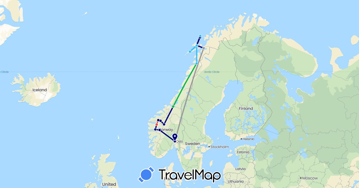 TravelMap itinerary: driving, bus, plane, hiking, boat in Norway (Europe)